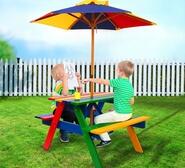 Queena Kids Outdoor Picnic Table & Chairs Set With Umbrella Multi