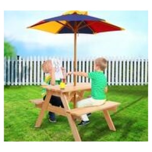Quince Kids Outdoor Picnic Table & Chairs Set With Umbrella Neutral