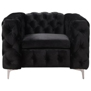 Single Seater Black Sofa Classic Armchair Button Tufted in Velvet Fabric with Metal Legs